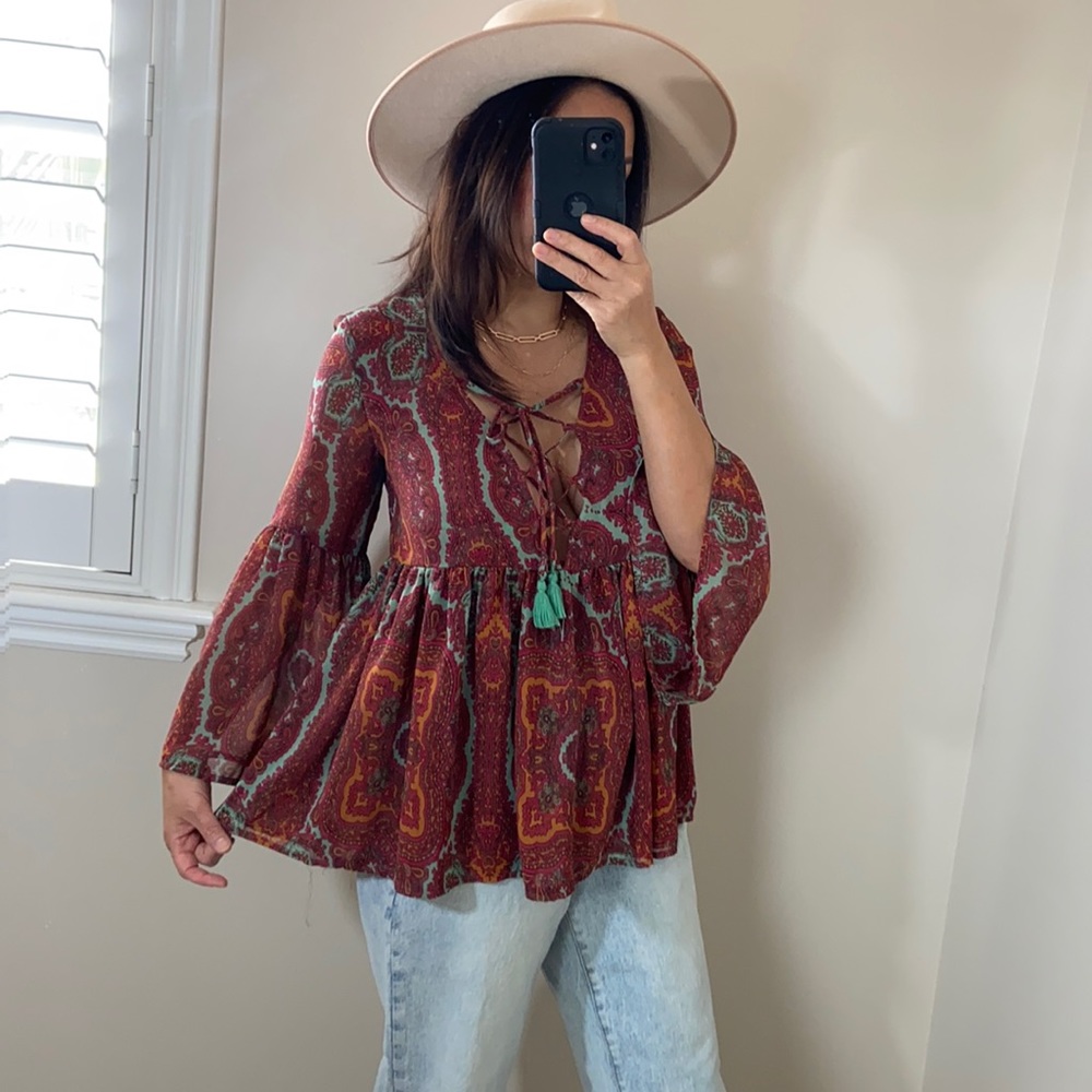 Show Me Your Mumu  boho bell sleeve sheer top